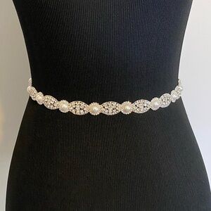 White Silver Crystal And Pearl Bridal Sash Belt